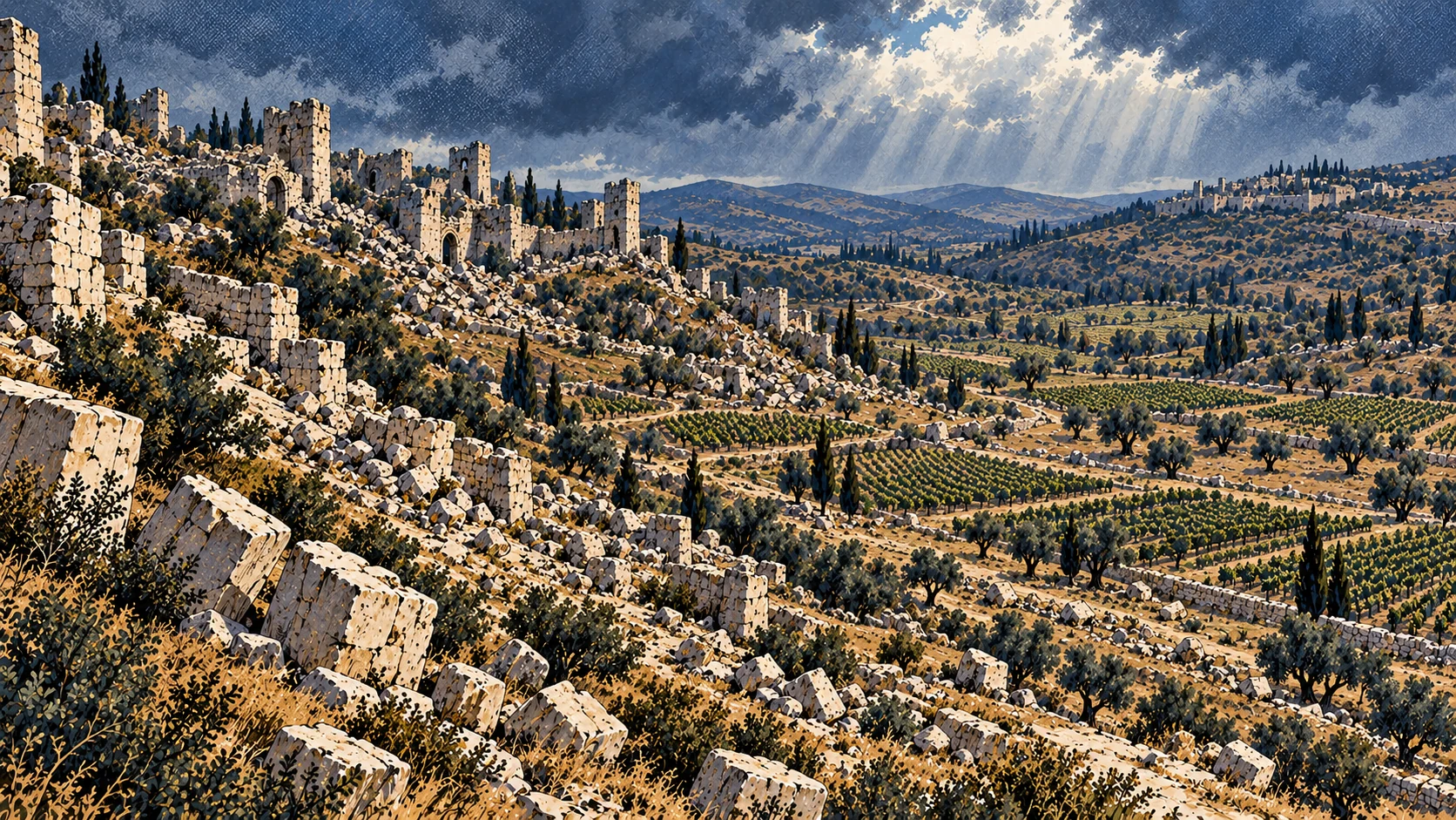 Samaria's ruined foundations and fallen stones spread down a steep slope toward vineyard ground.