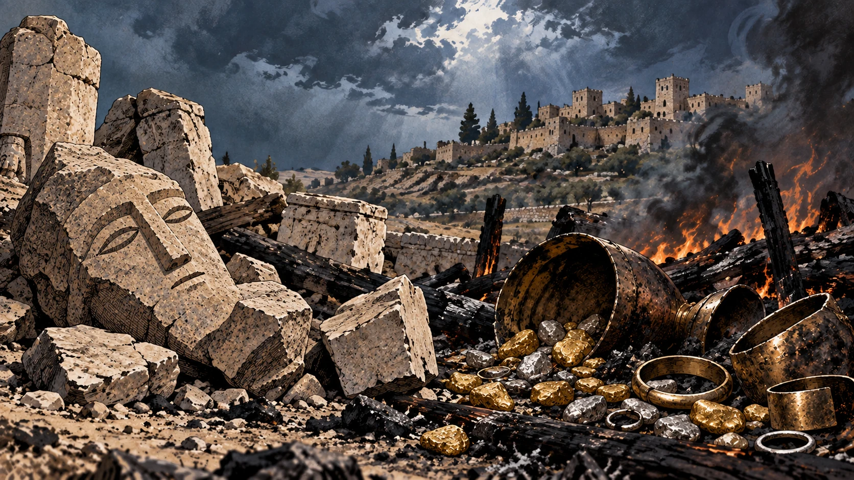 A simple broken stone idol lies beside unmarked metal wealth and scorched timbers.
