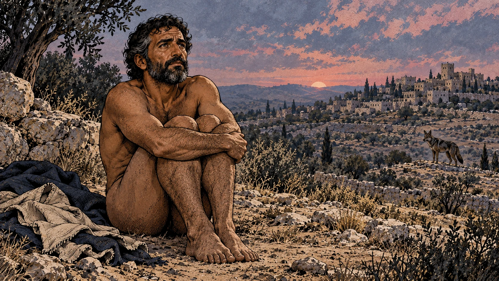 Micah sits naked in dust beside discarded garments, with a distant jackal.