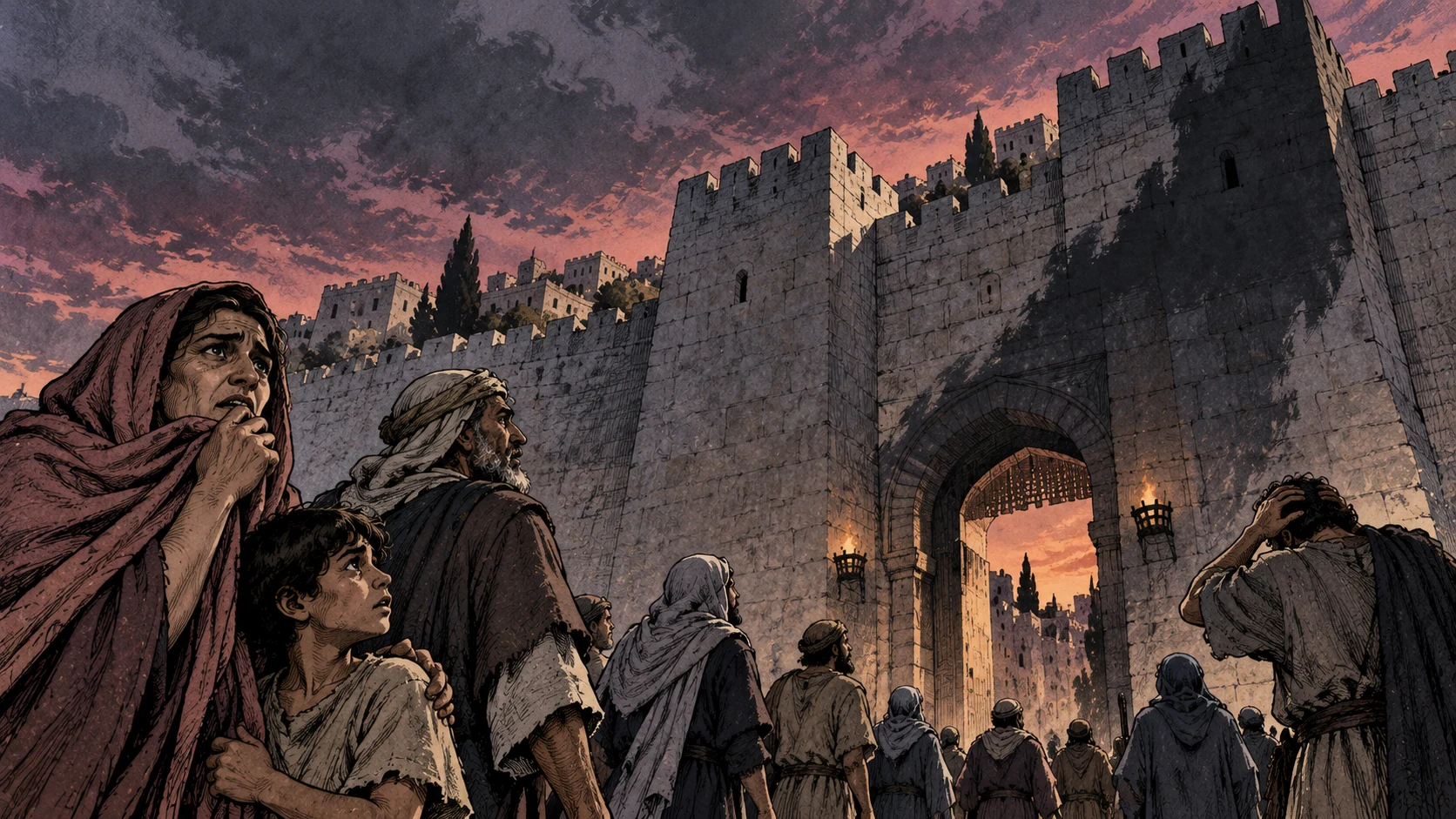 Anxious people stand beneath Jerusalem's gate at dusk.