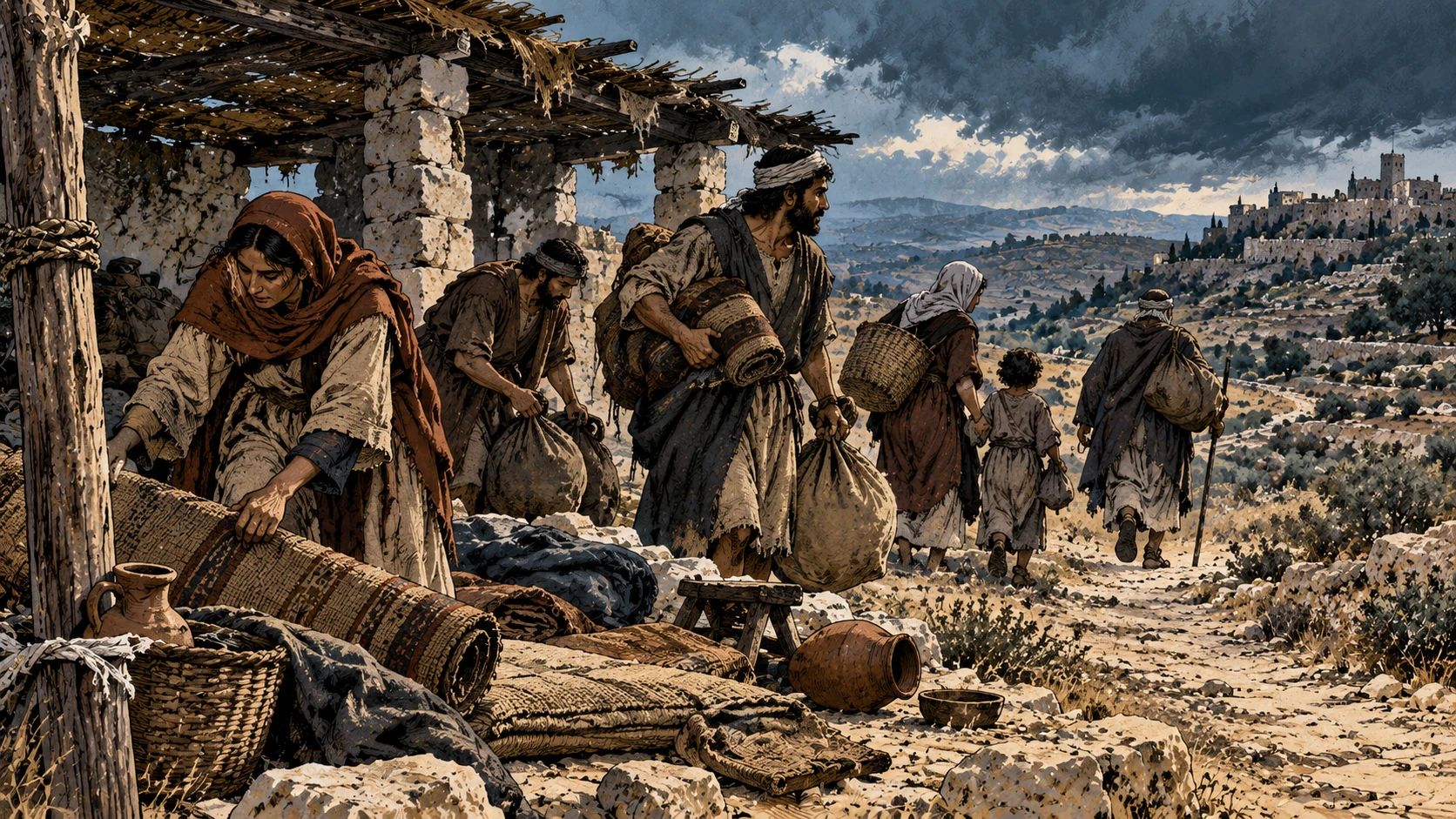 Families pack resting mats beside a ruined shelter.