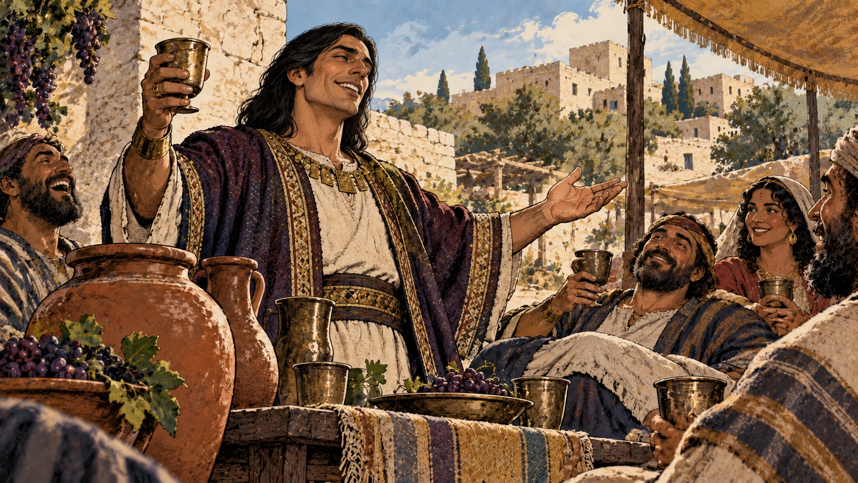 A smiling false preacher raises a wine cup among jars and listeners.