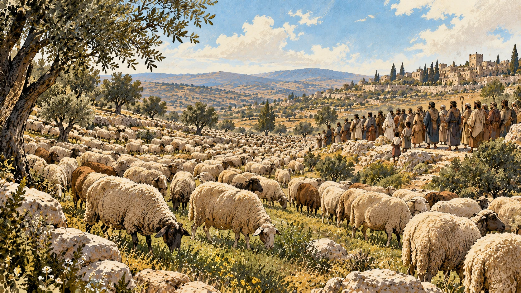 A flock and gathered people fill a sheltered pasture.