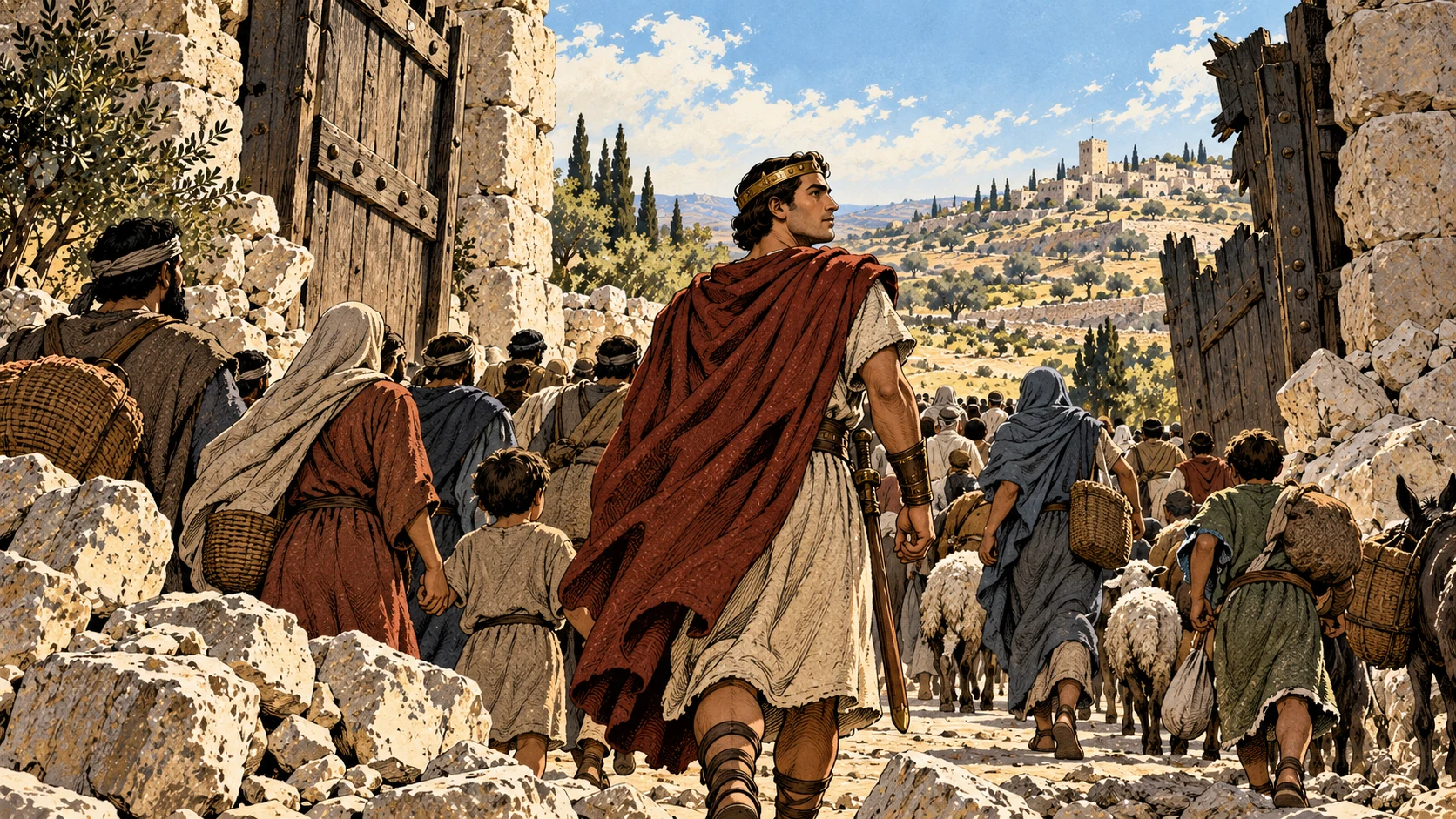 A young king leads a community through an open stone gate.