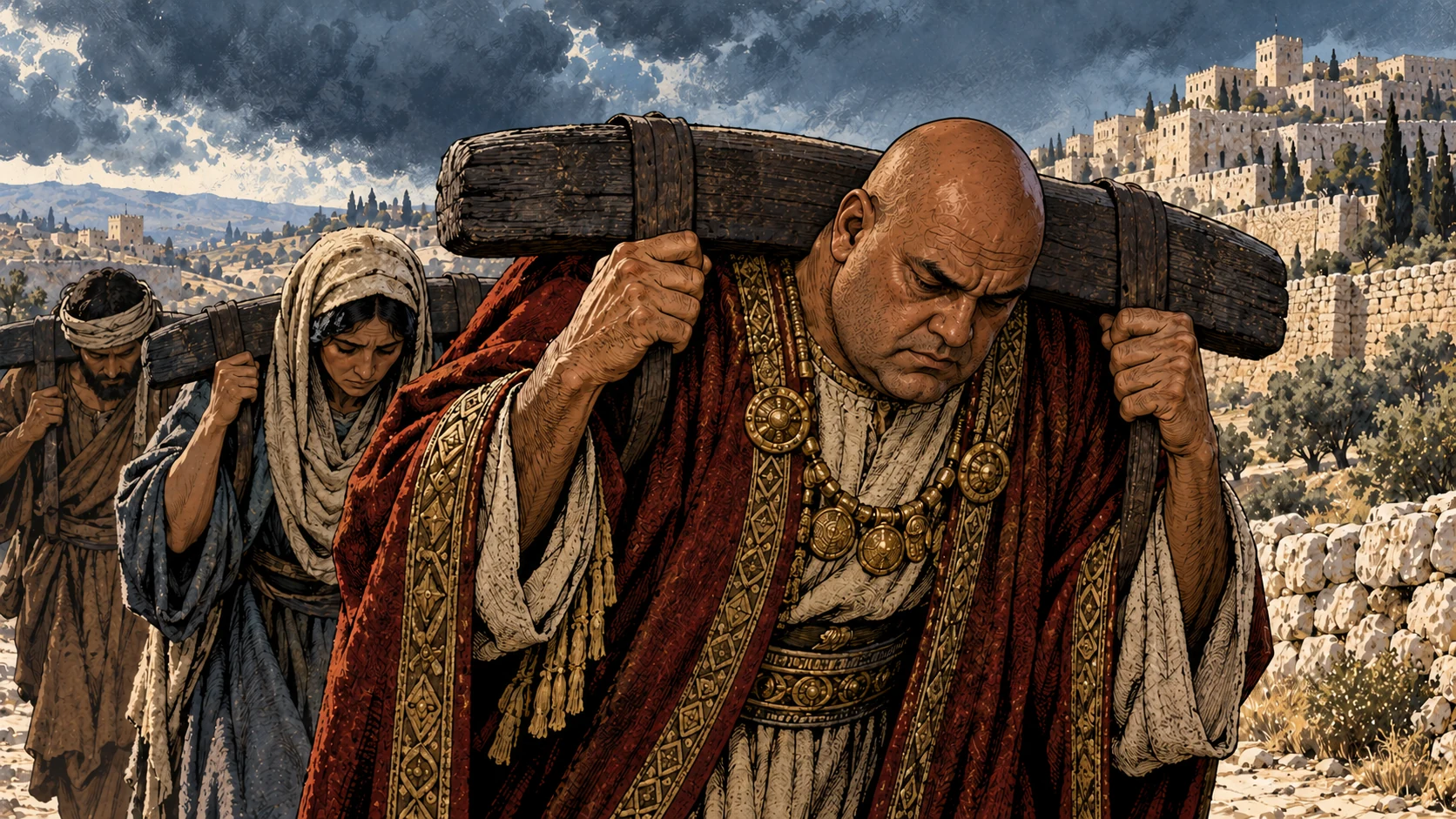 A wealthy man bends beneath a heavy yoke under a dark sky.