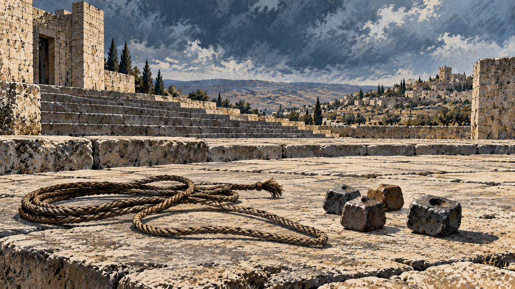 An abandoned measuring cord and lot stones lie in an empty assembly space.