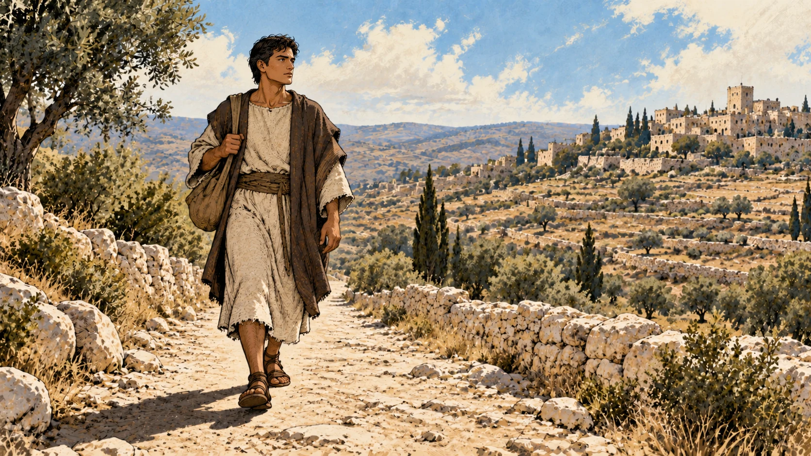 A young man walks a clear path in daylight.