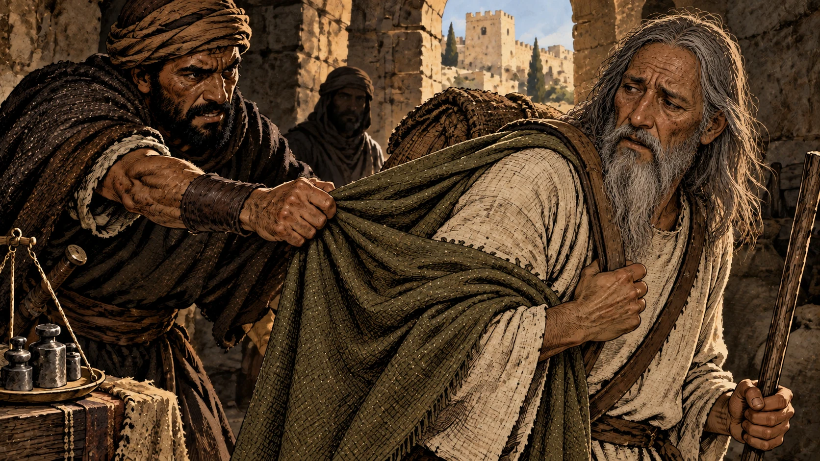 A robber pulls the robe from an elderly traveler.