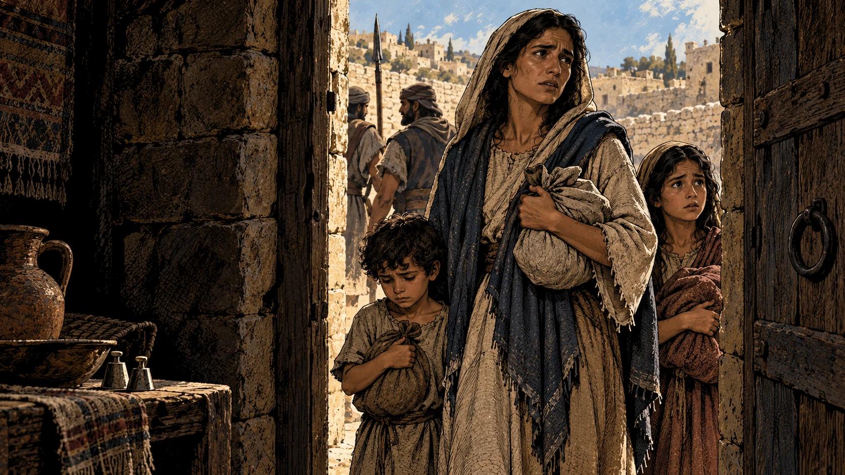 A mother and children stand outside a home as a man blocks the doorway.