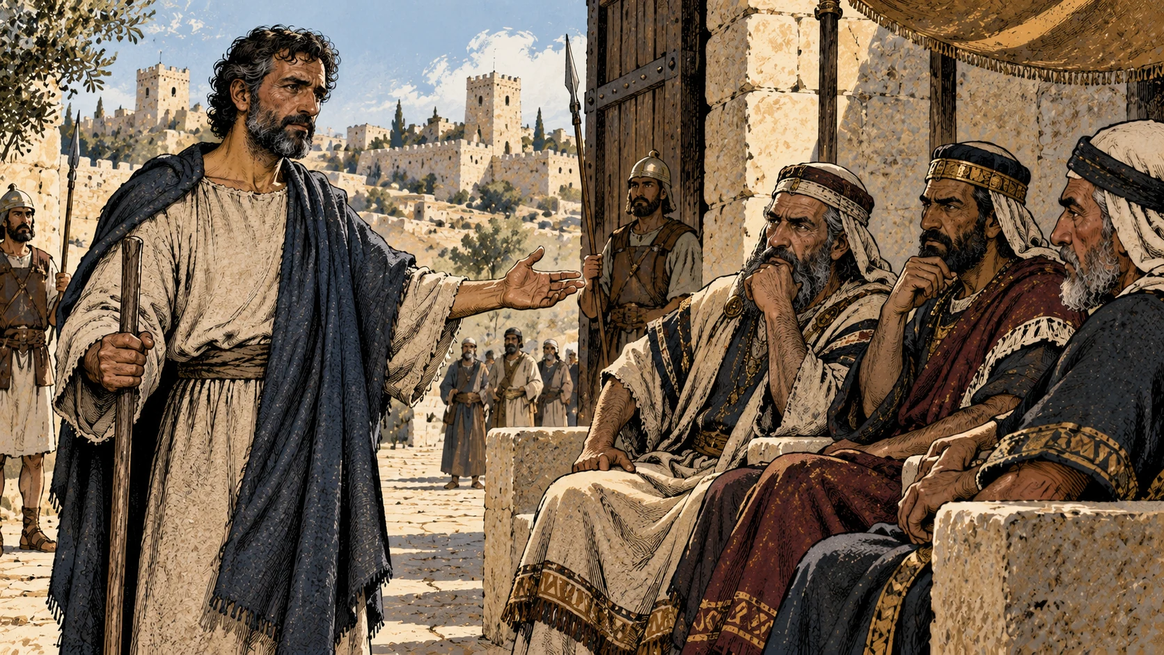 Micah stands before seated civic elders at a city gate.