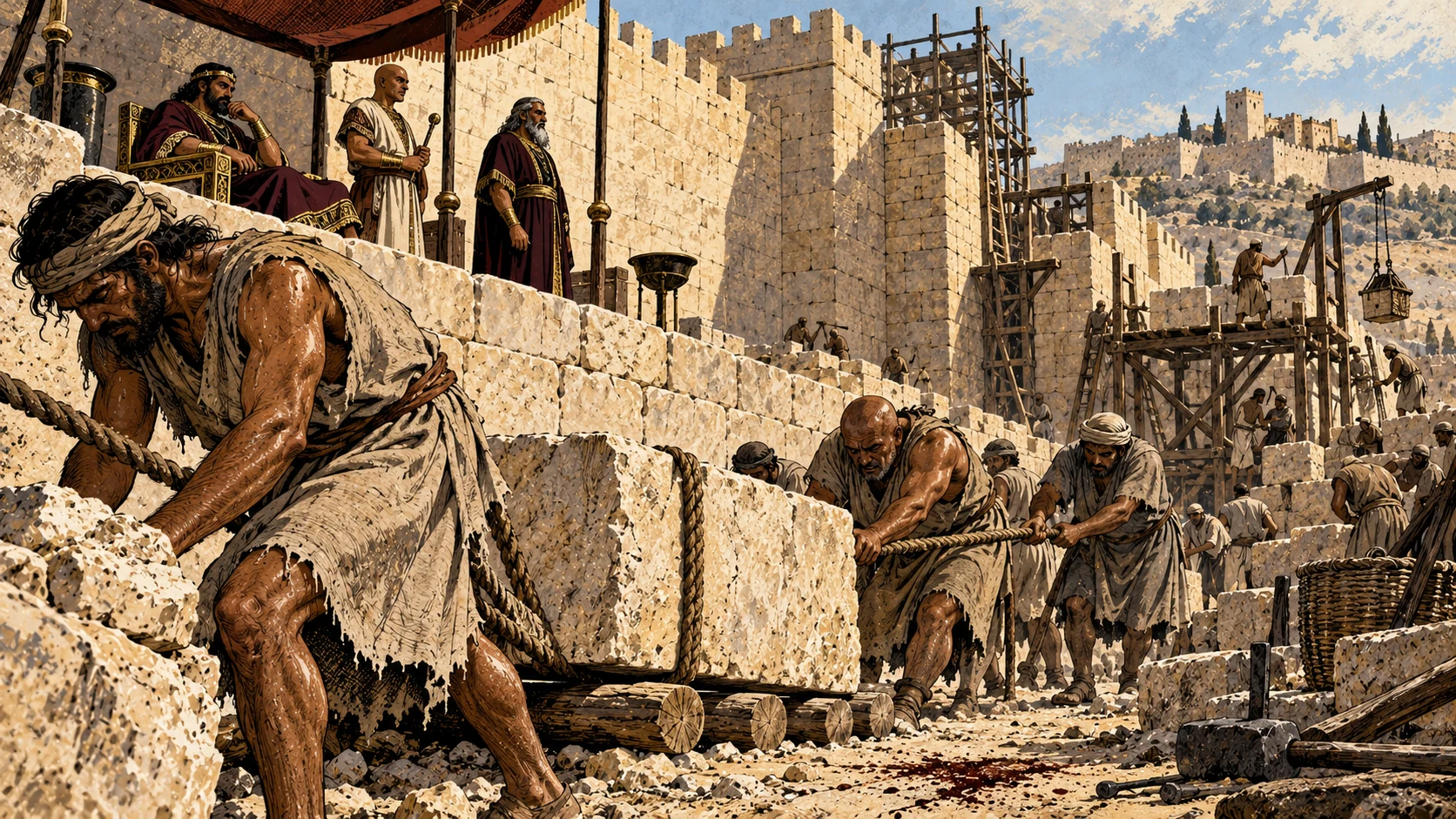 Burdened workers pull building stone below elevated rulers and a small dark red stain.