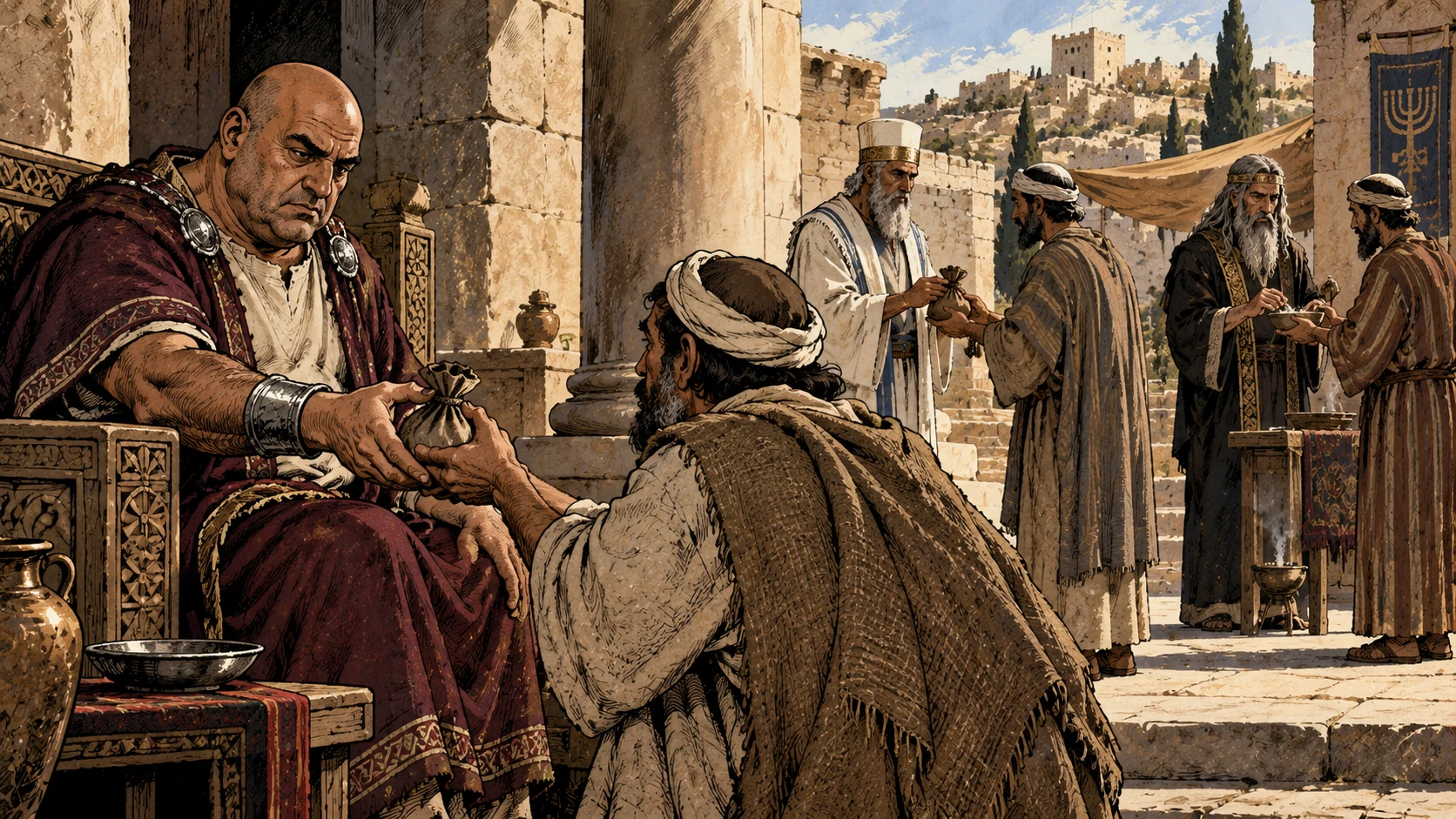 A judge, priest, and diviner receive payment in one civic courtyard.