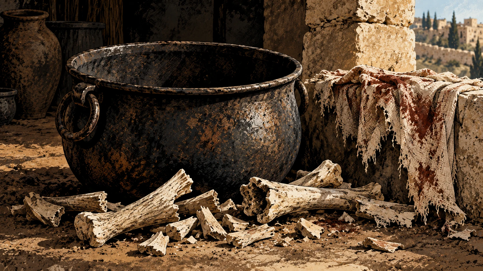 An empty cauldron stands beside broken bone forms and torn stained cloth.