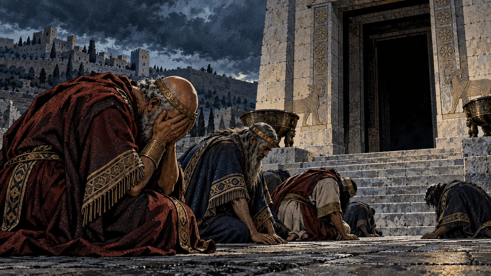 Ashamed rulers bow on temple steps beneath a dark, empty entrance.