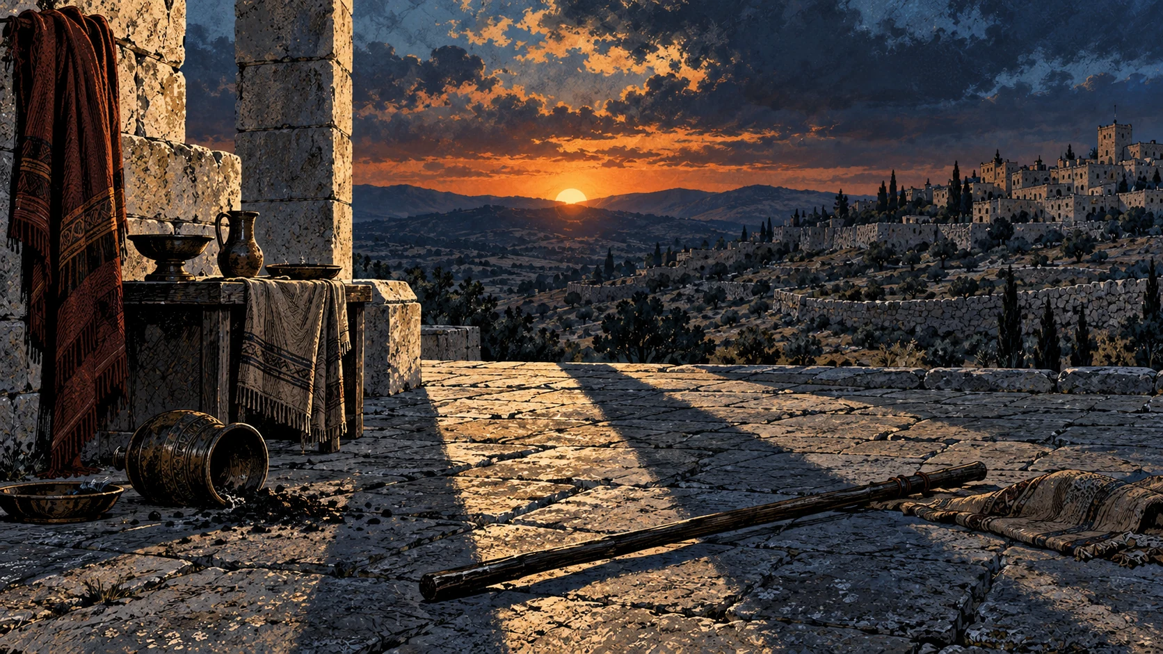 Sunset casts long shadows across an abandoned terrace and fallen staff.