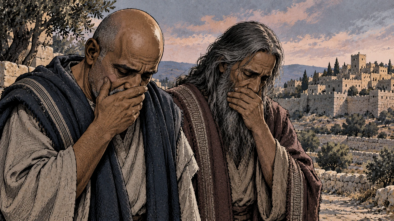 Two ashamed seers cover their mouths and lower their eyes.