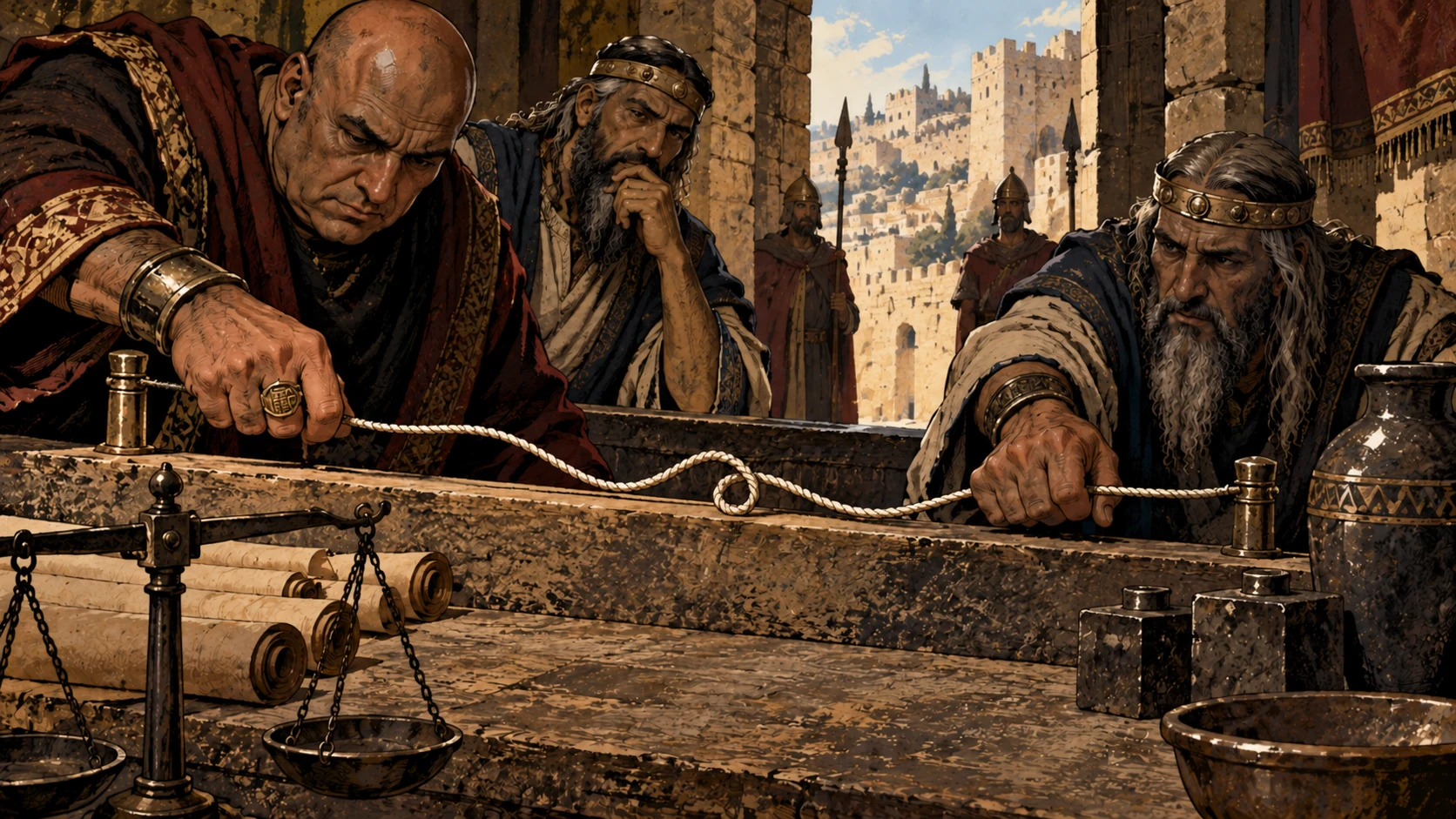 Rulers hold a crooked measuring cord beside unbalanced scales.