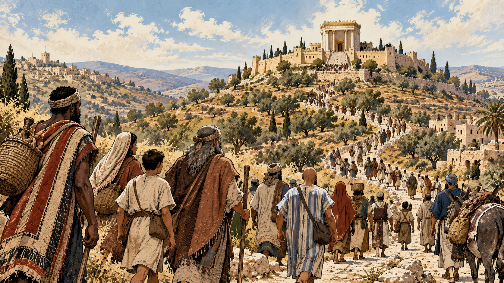 Peoples ascend a mountain crowned by a distant temple.