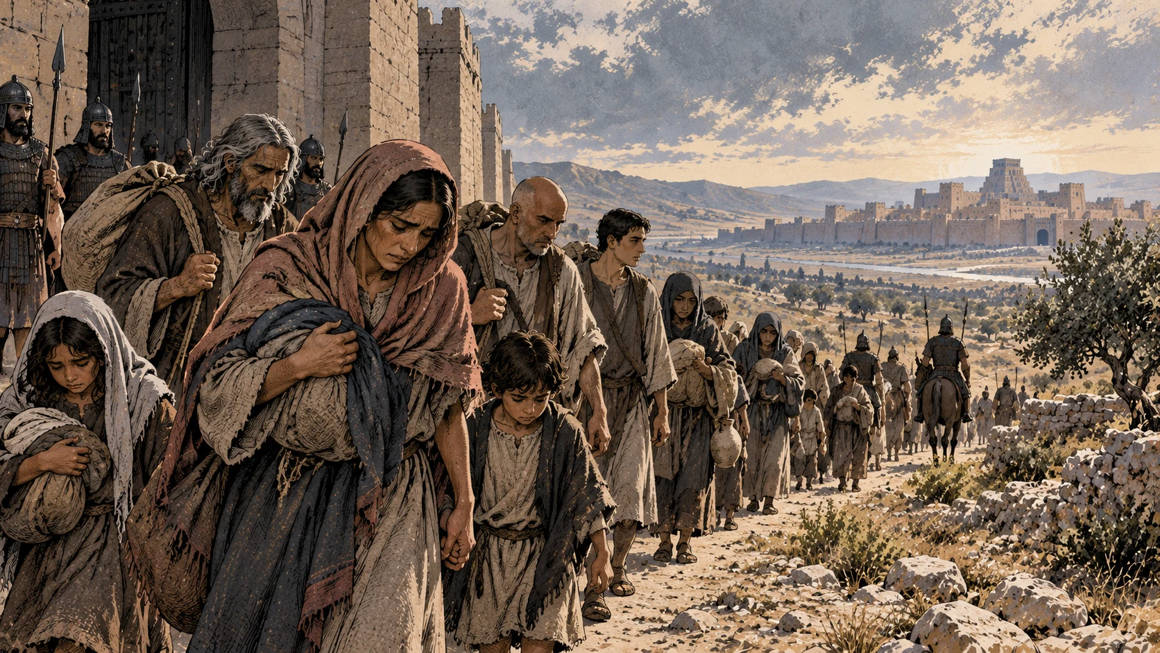 An exile household leaves a city gate along a road toward Babylon.