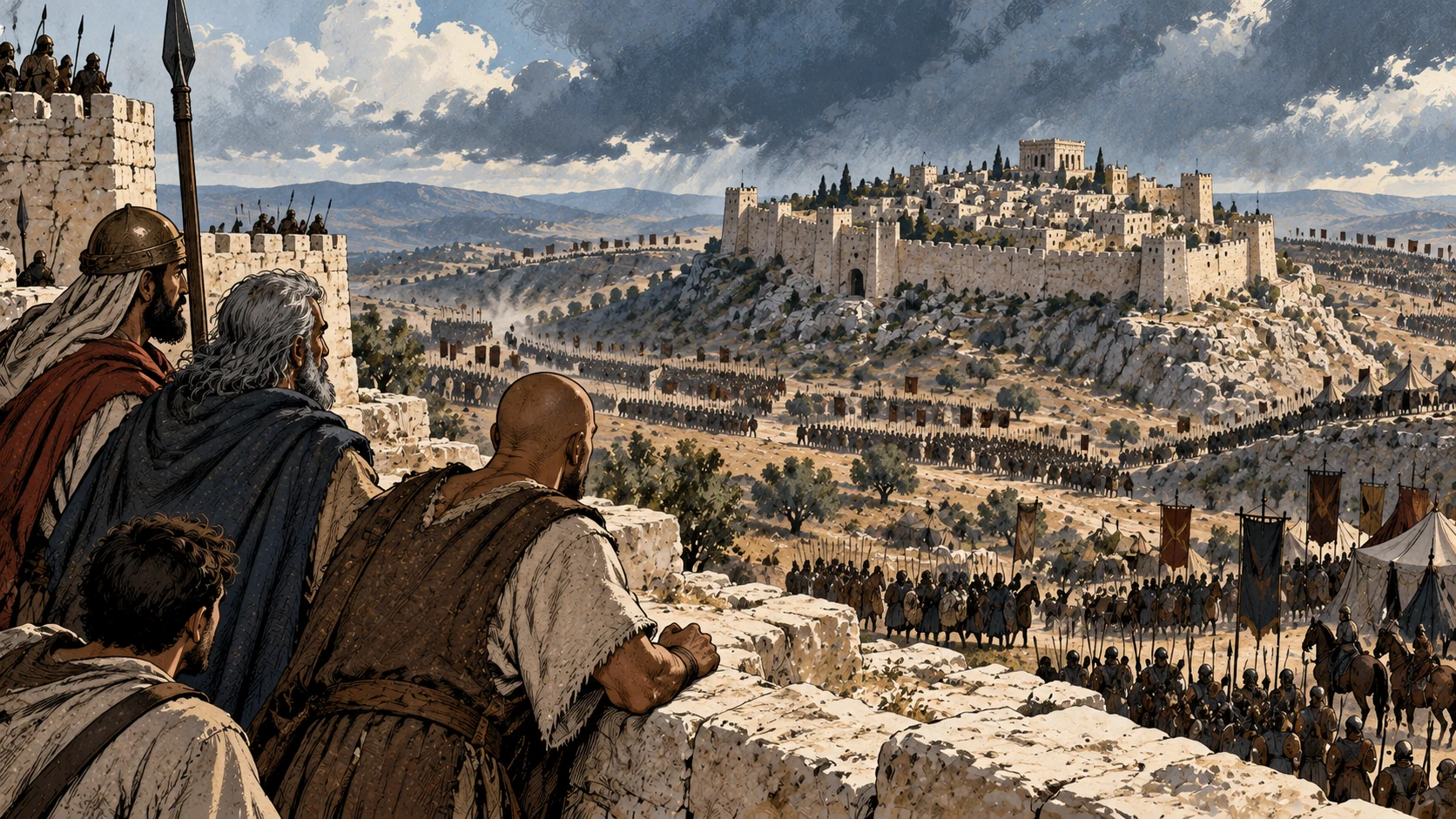 Besieging forces surround a city beneath storm clouds.