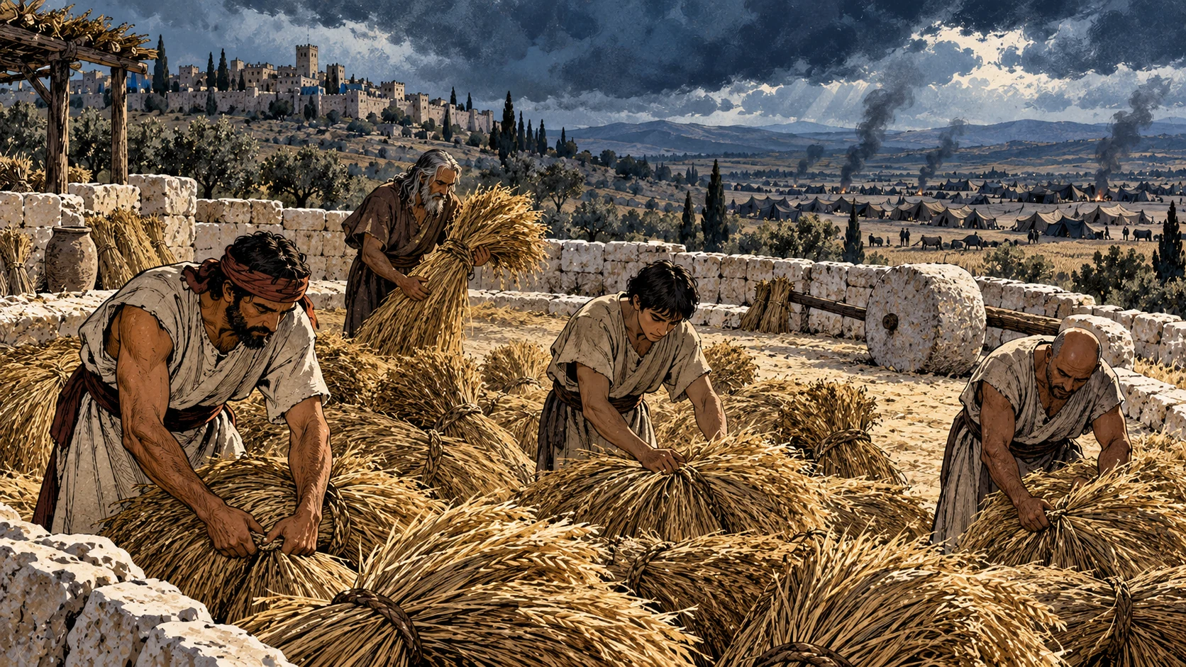 Workers gather sheaves on a threshing floor.