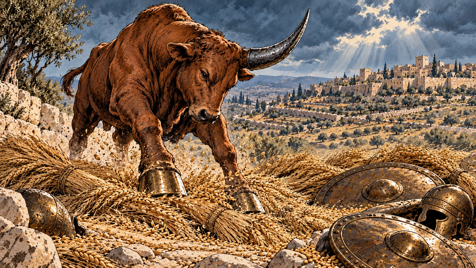 A symbolic ox with metal horns and hooves threshes grain beside empty armor.