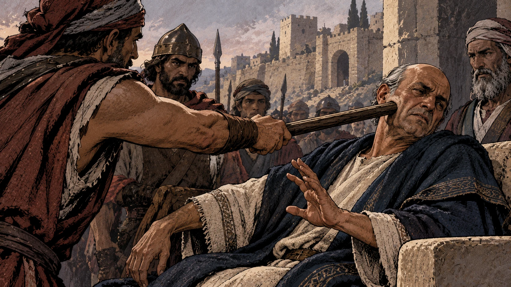 A soldier’s rod strikes the cheek of a seated judge.