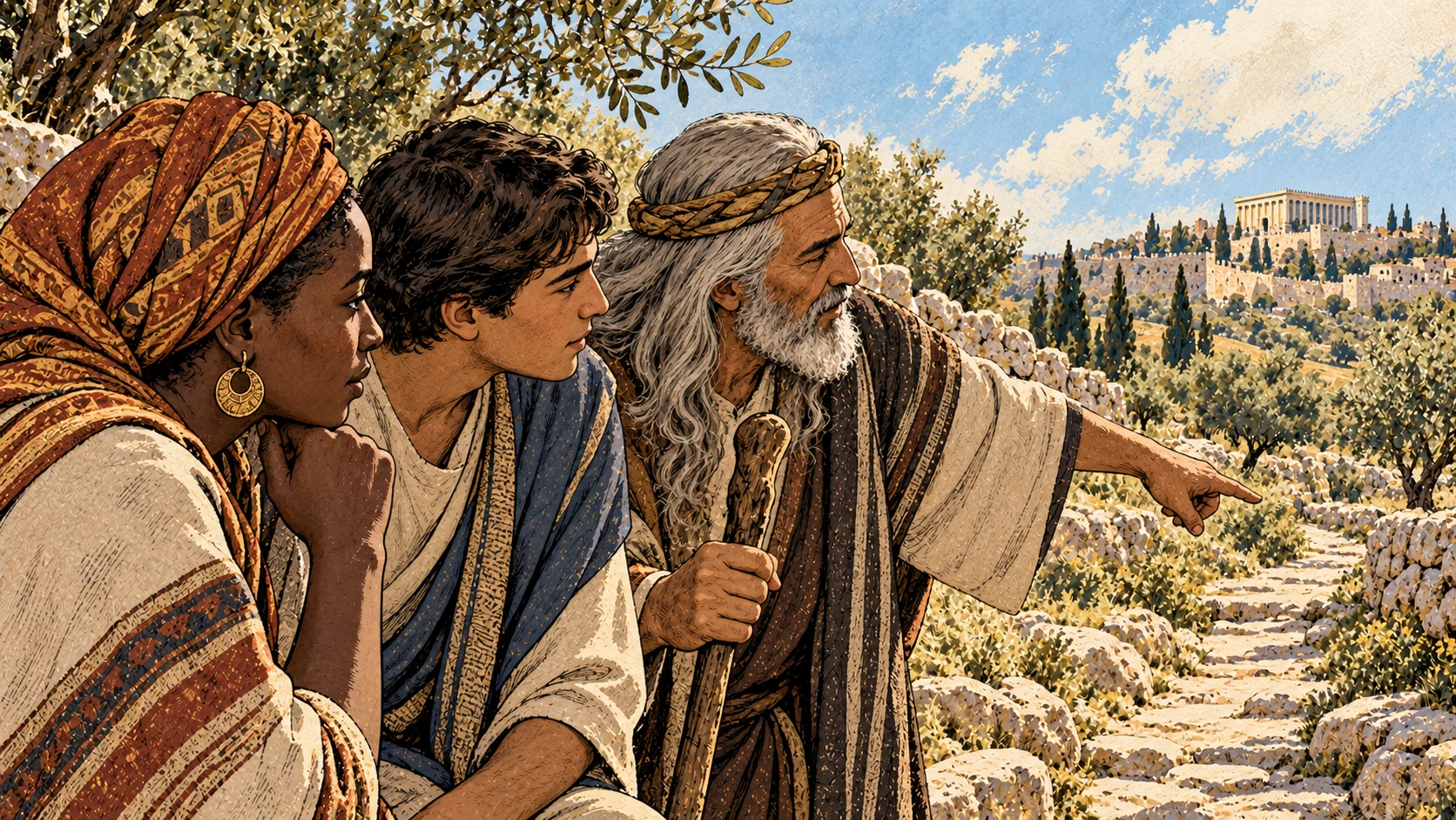 Three people attend to a shared path beneath the temple hill.