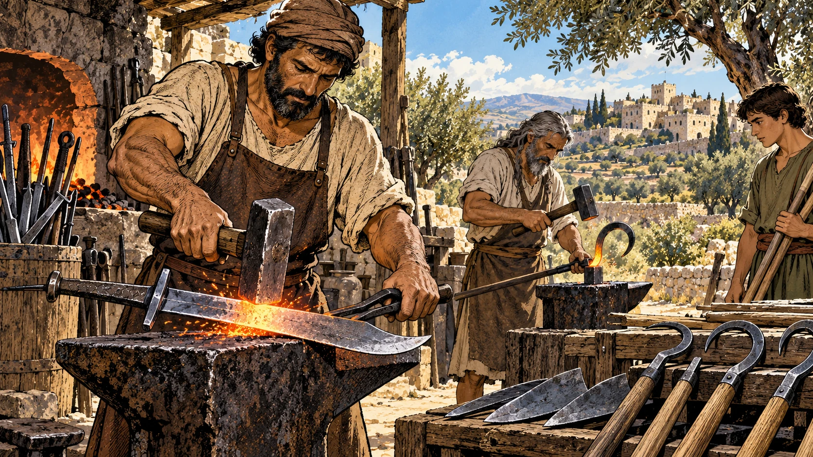 Smiths hammer weapons into farming tools.
