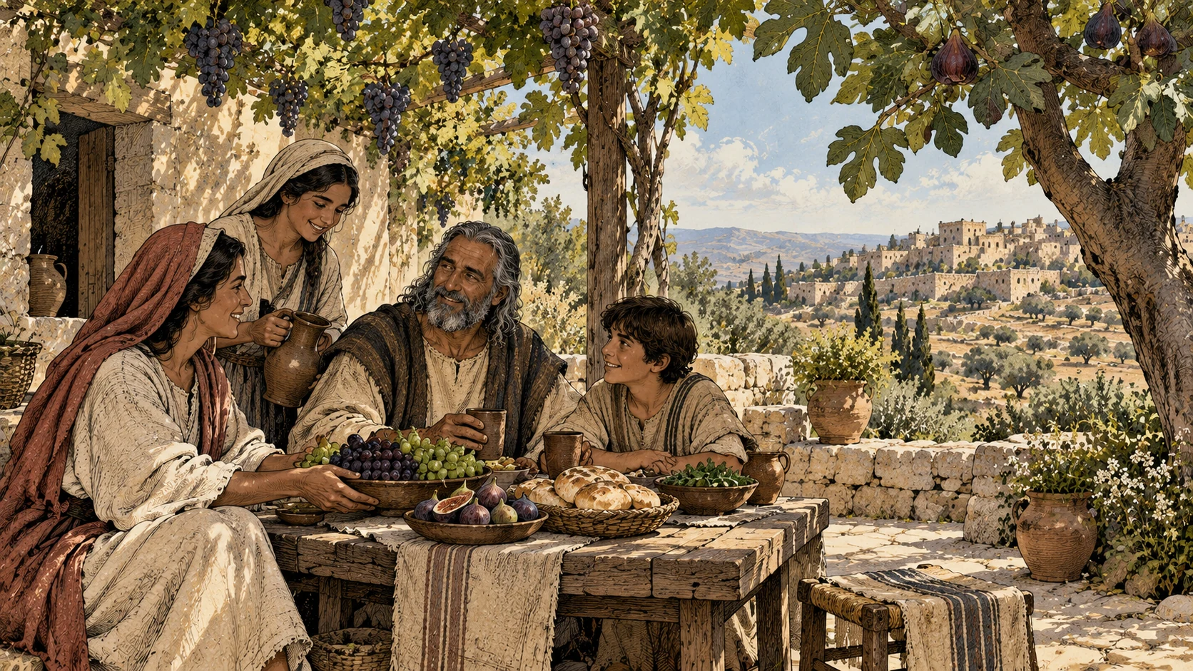 A family rests beneath grape vines and a fig tree.