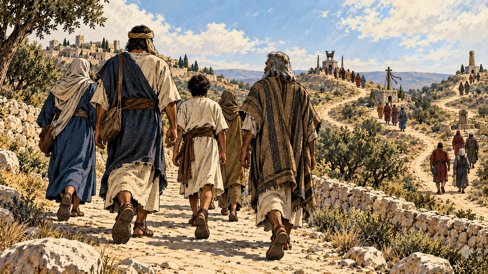 Travelers follow separate paths toward distant shrines.