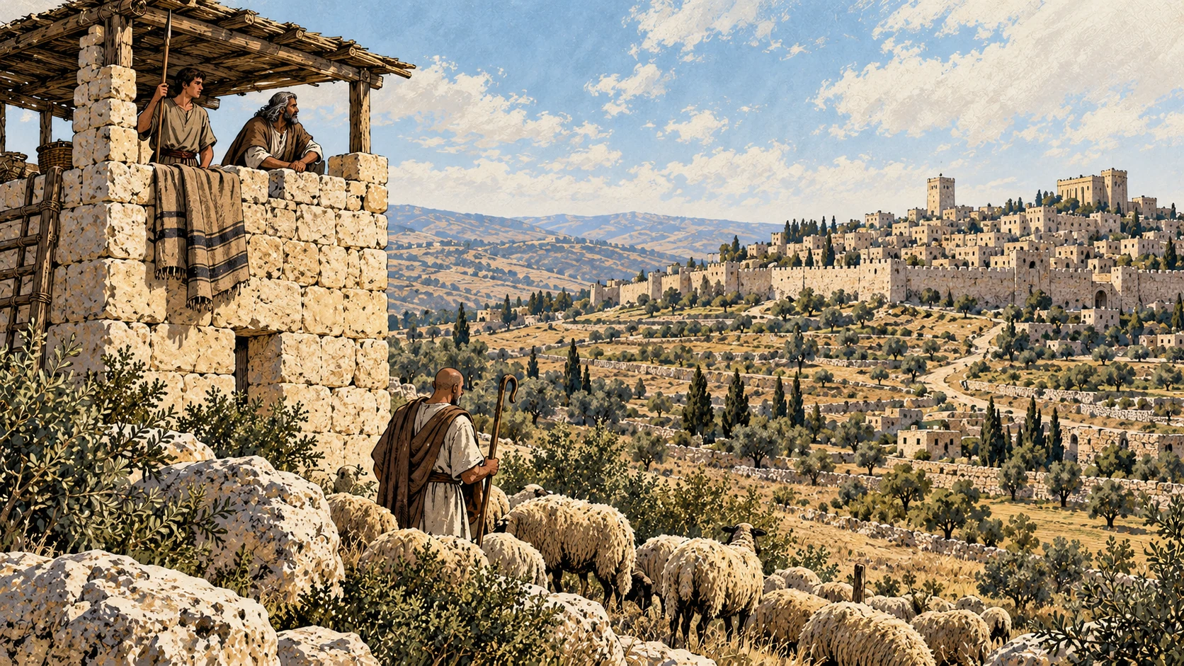 A flock passes a stone watchtower overlooking Jerusalem.