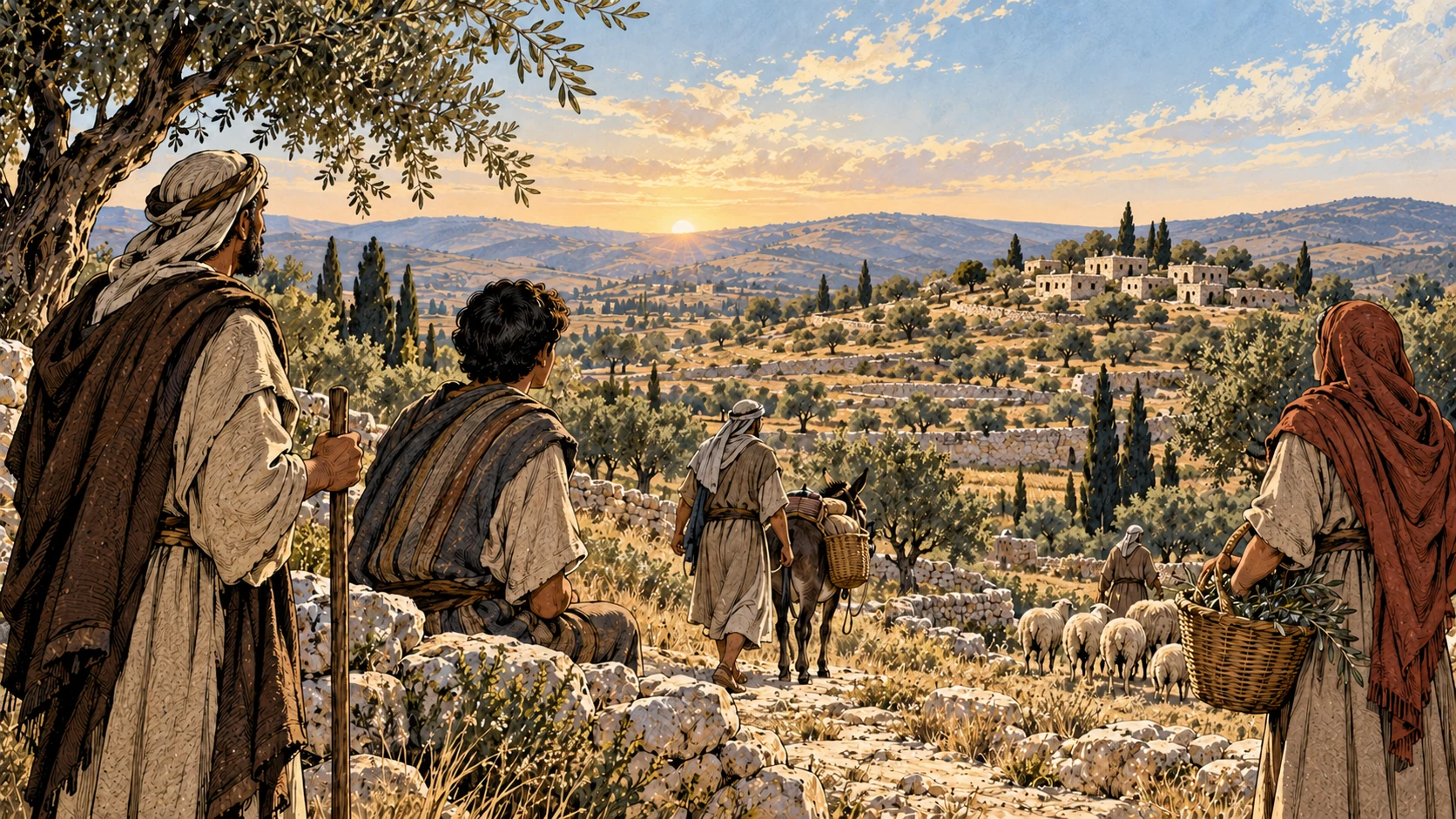 A small limestone village rests above terraced fields at dawn.