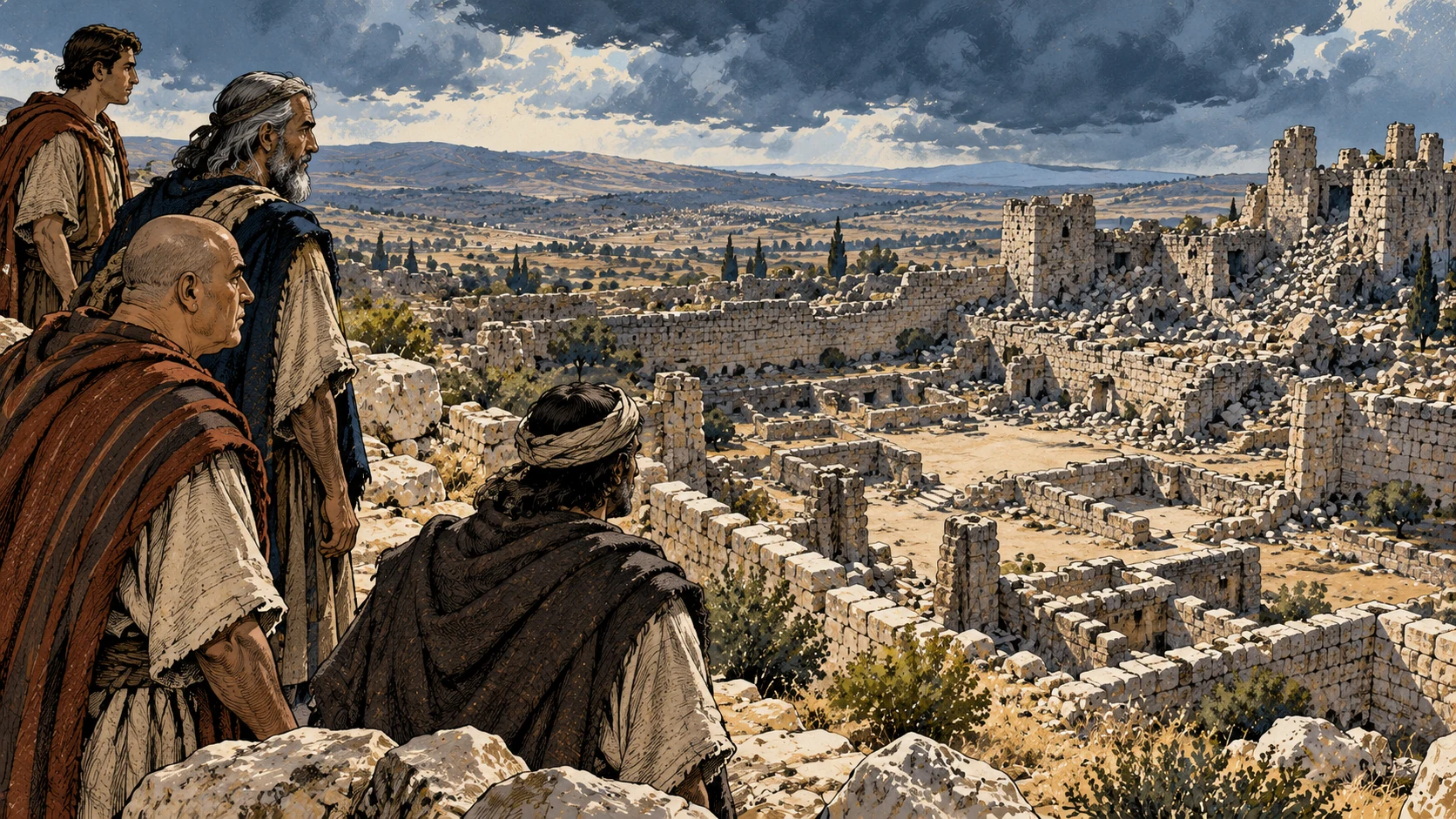 Anonymous onlookers face dismantled stone defenses.