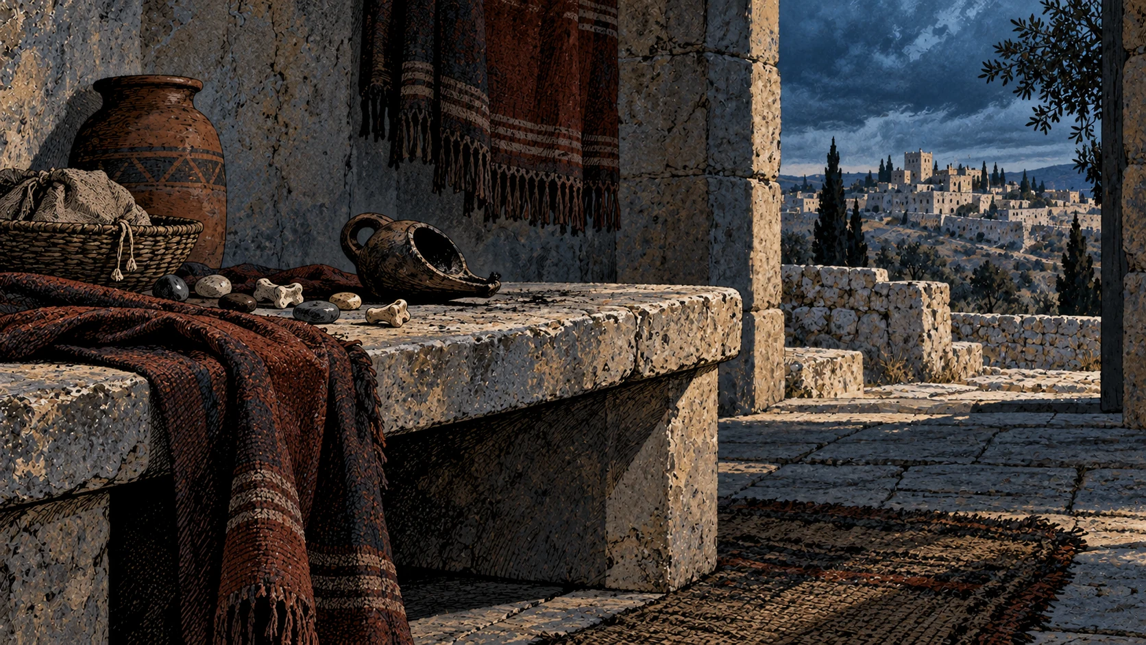 An abandoned table holds divining stones and broken implements.