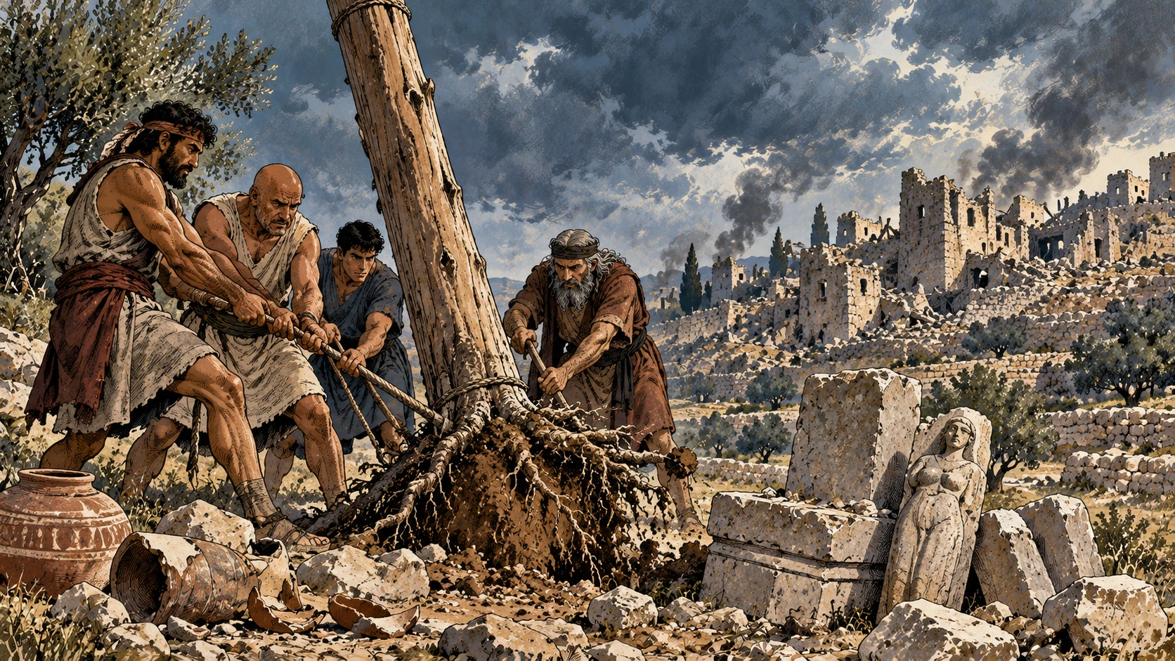 Workers pull down an uprooted wooden cult pole.