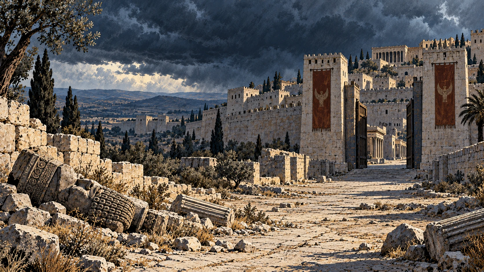 A deserted gateway stands under a severe storm beside fallen ornaments.