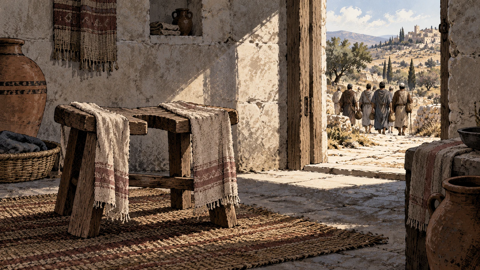 An empty birthing stool stands near a doorway where a community returns.