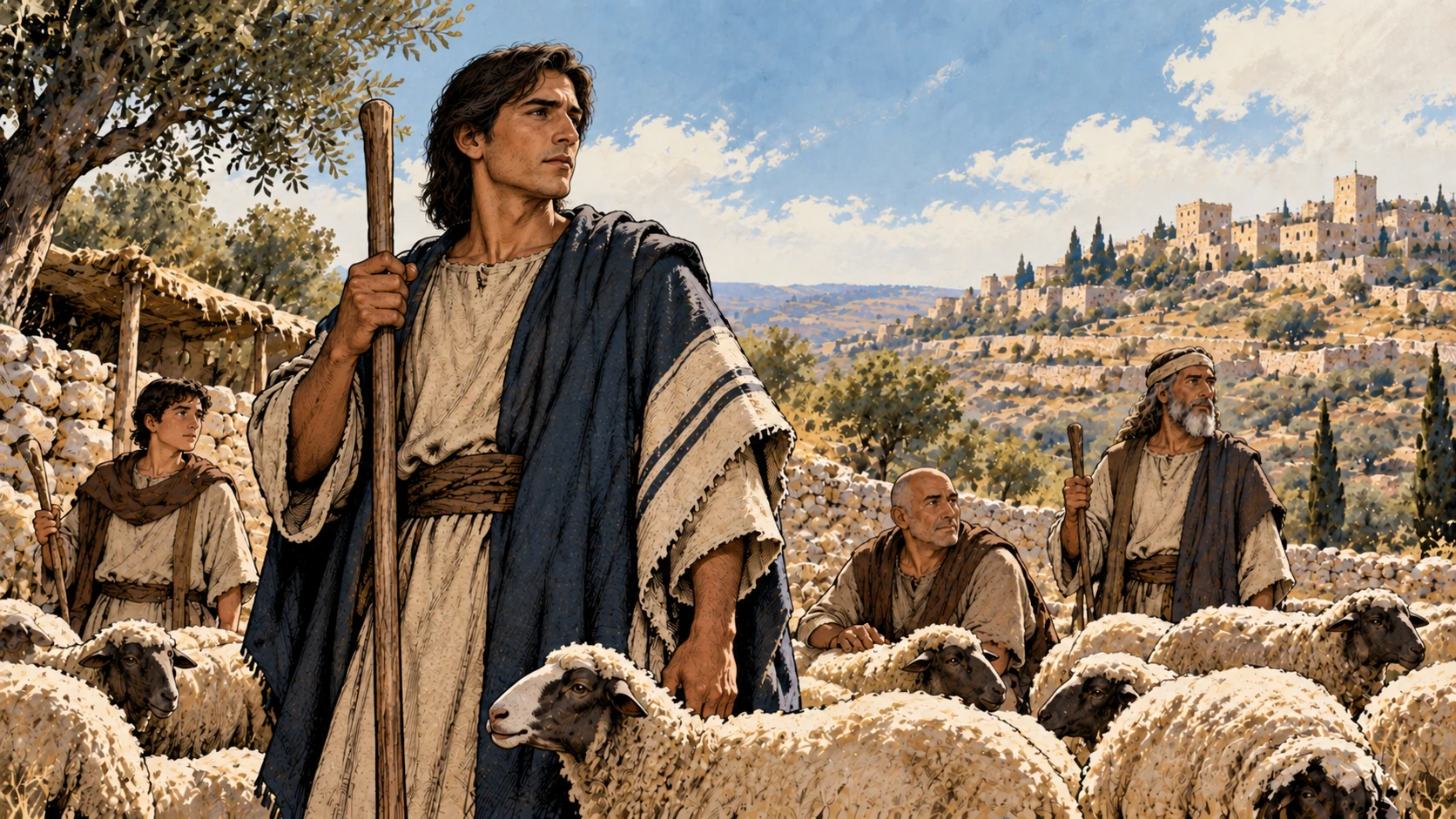 A young anonymous shepherd watches over a flock and household.