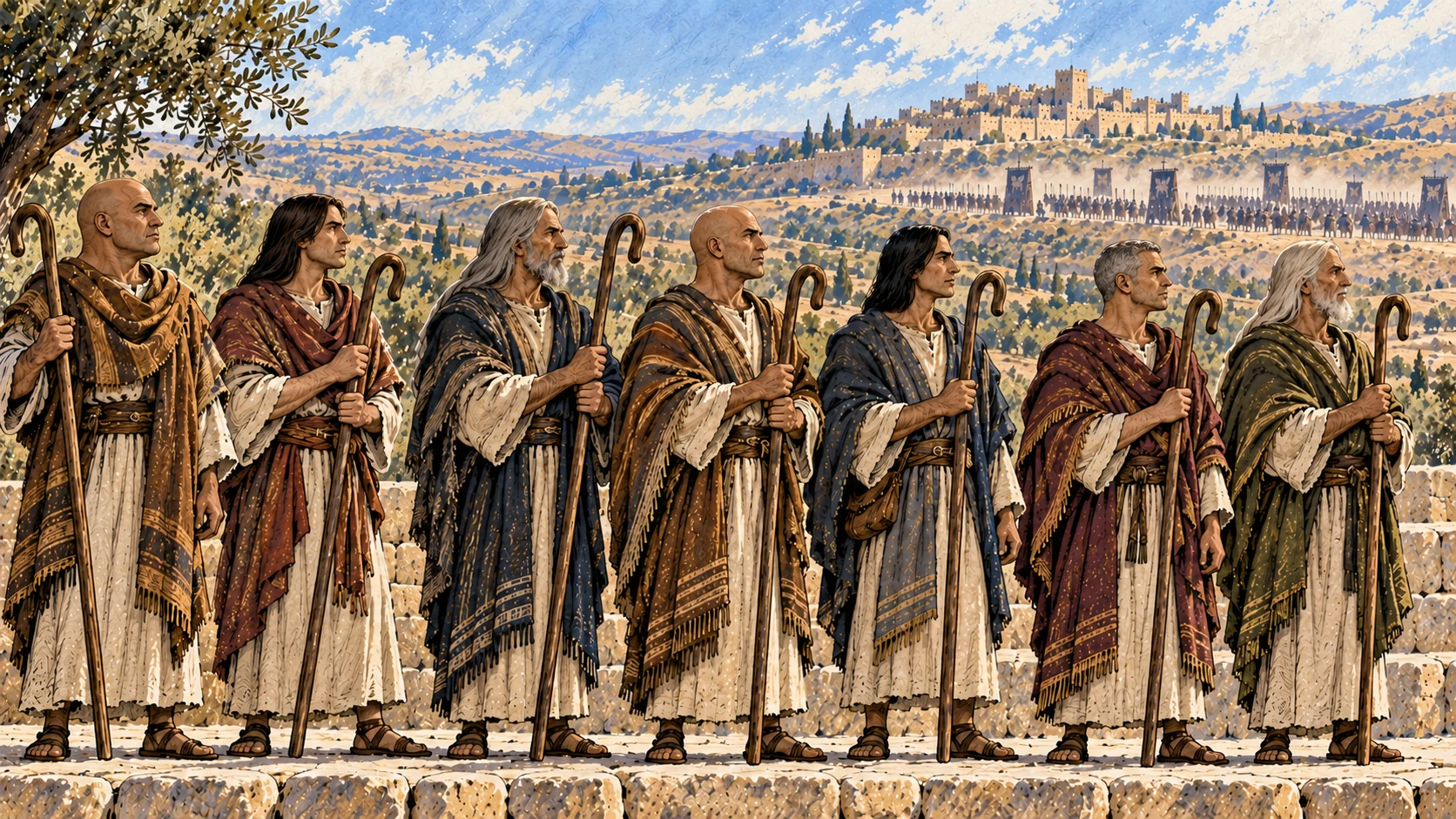 Seven anonymous shepherds stand with crooks before the distant Assyrian threat.