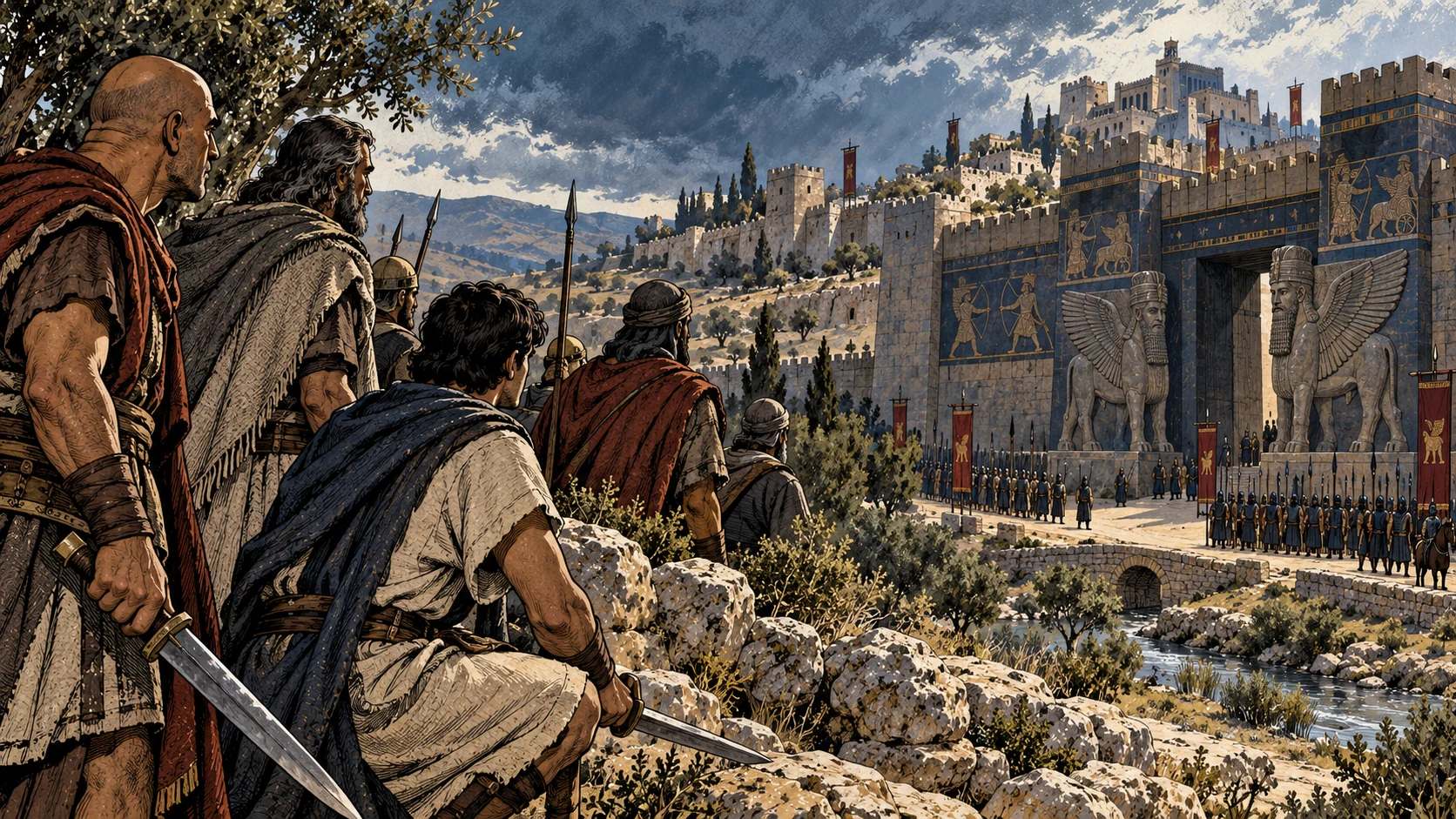 An armed community overlooks a distant Assyrian capital.