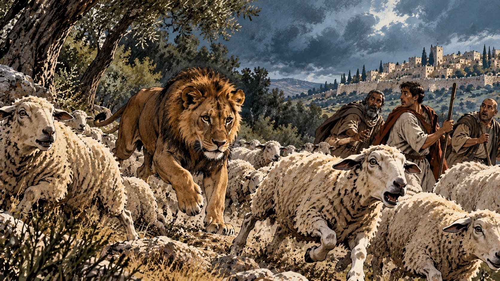A lion moves through frightened sheep near watching travelers.