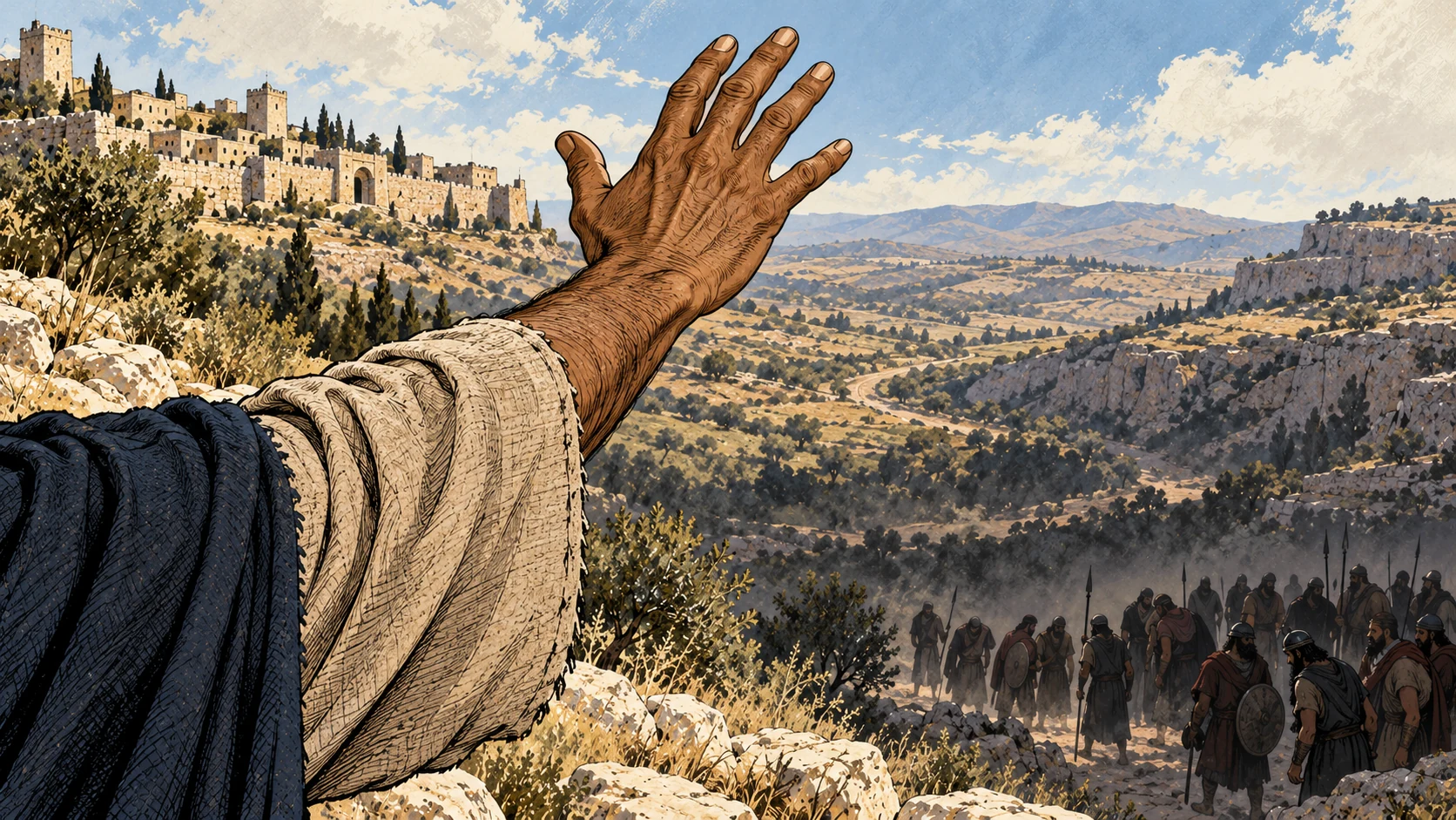 An anonymous raised hand overlooks retreating hostile troops.