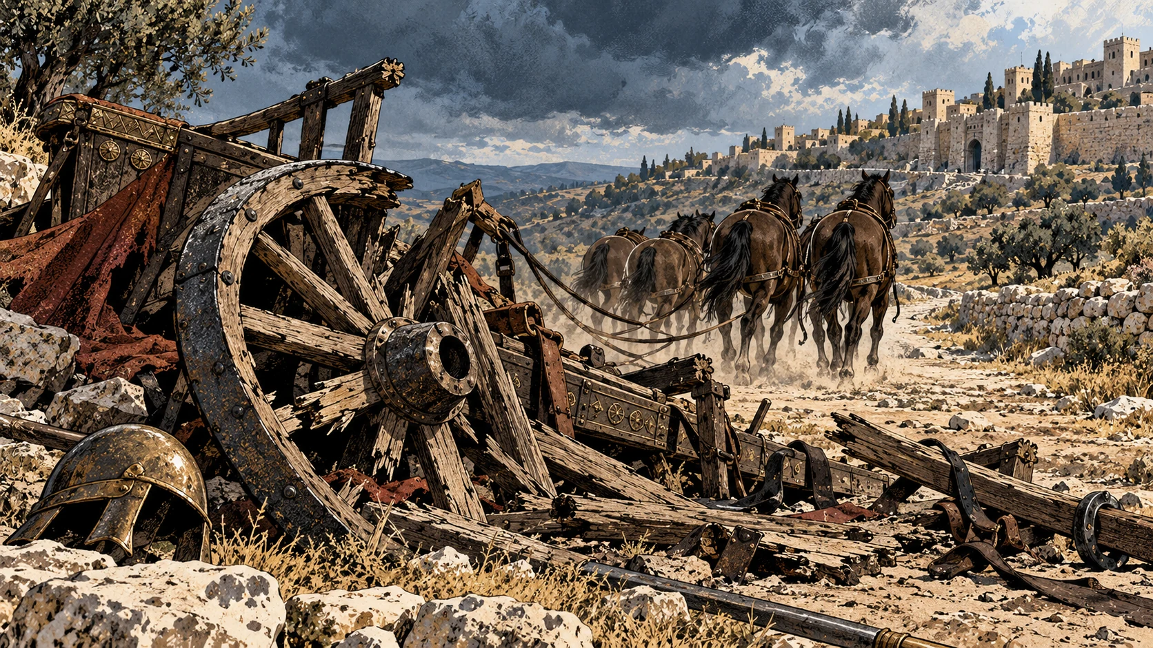 A broken chariot lies beside horses moving away.