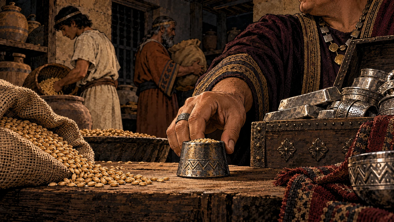 A hand holds an undersized grain measure beside stored grain.
