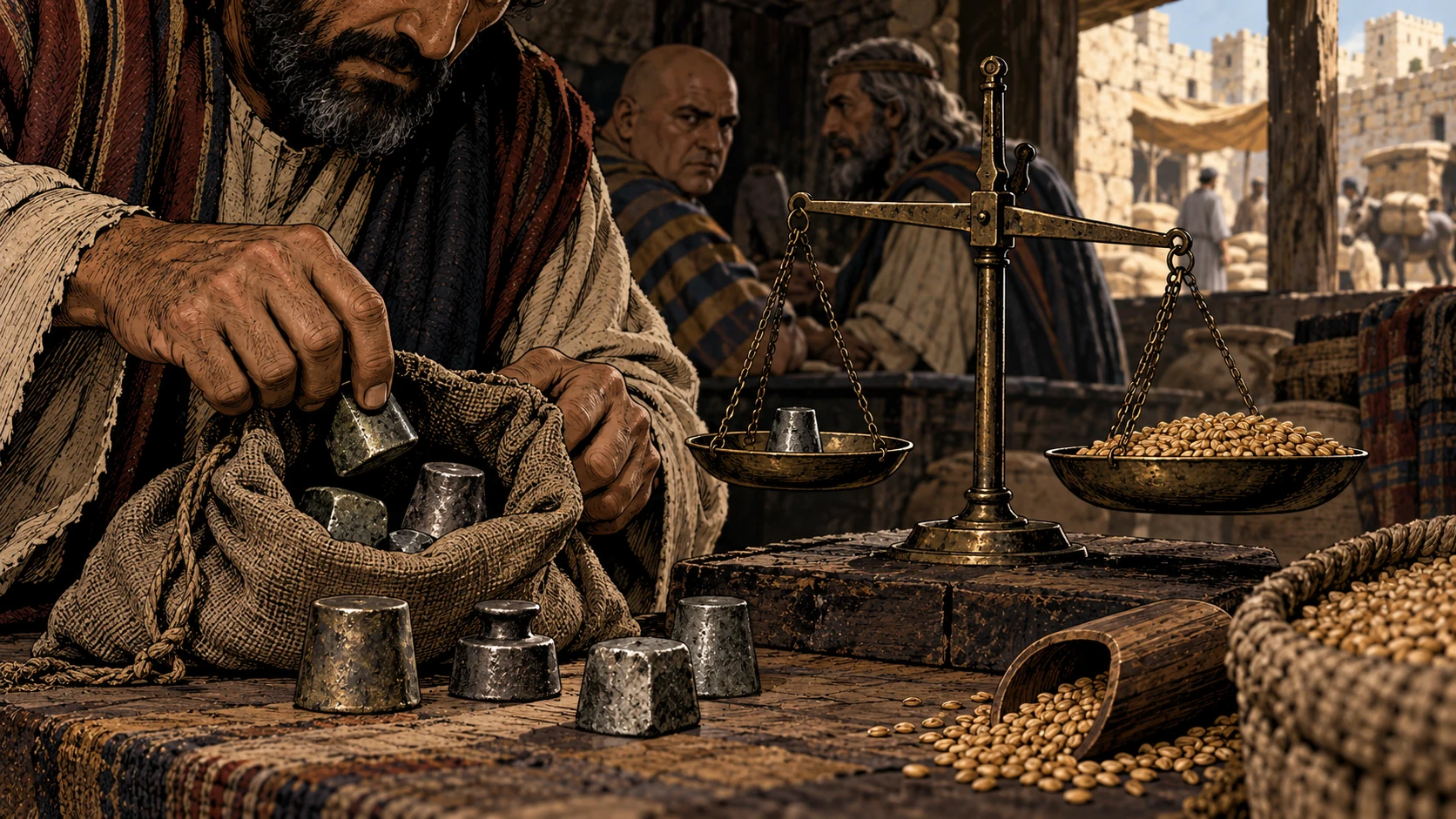 A merchant handles weights beside a visibly uneven scale.