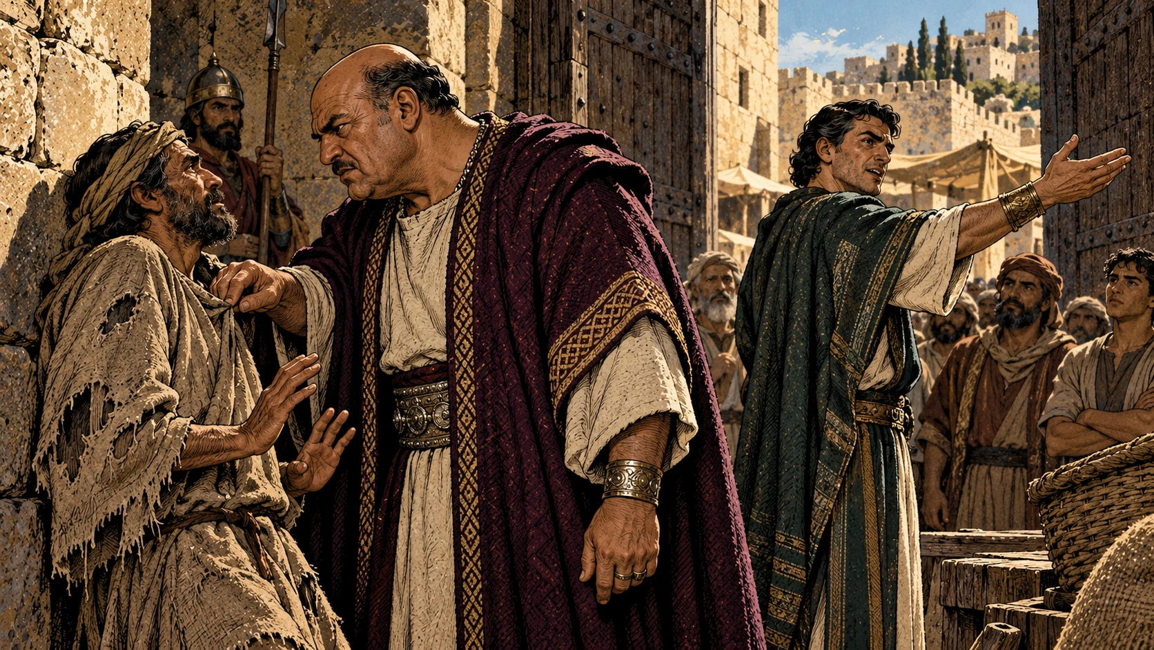 A rich man intimidates a poor neighbor while another resident gestures forcefully.
