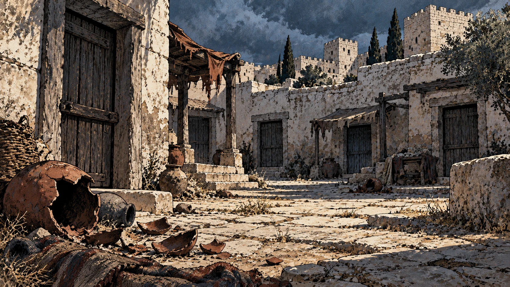 Broken vessels lie in a deserted ruined street.