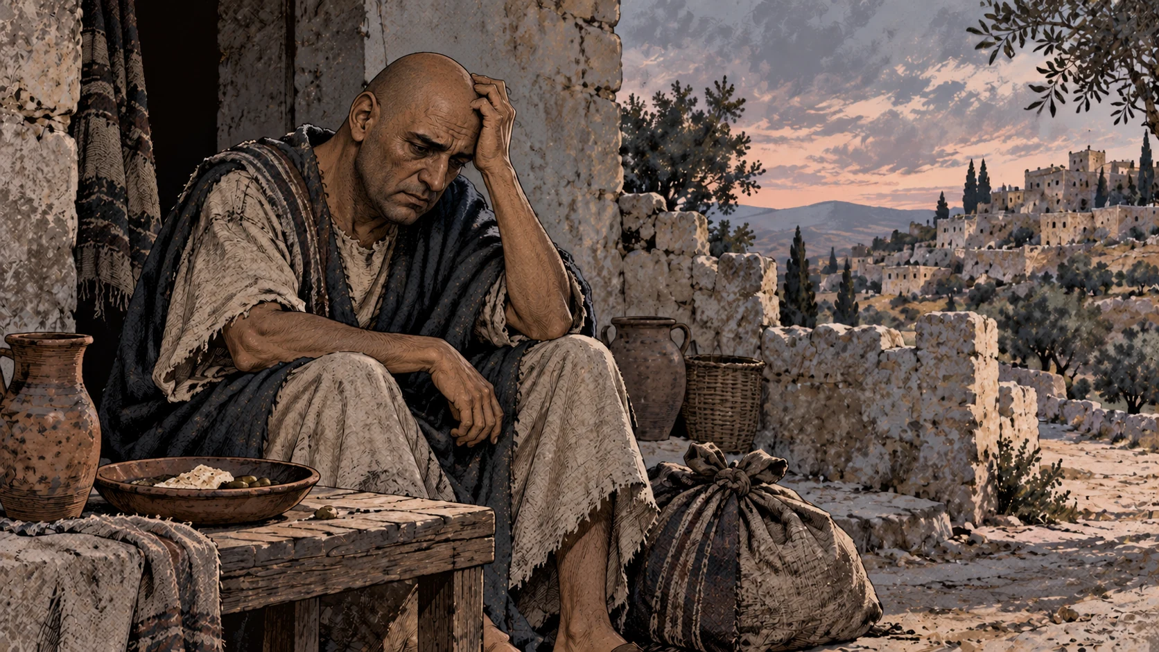 A hungry man sits beside a scant meal and a small bundle.