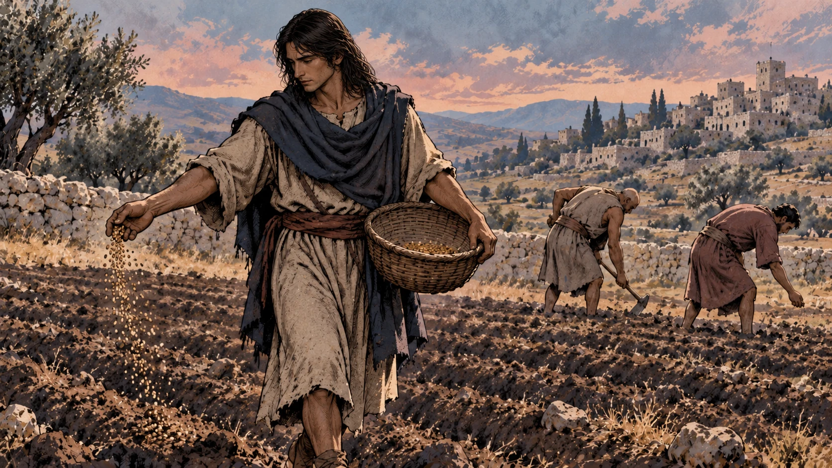 A sower scatters seed into a field at dusk.